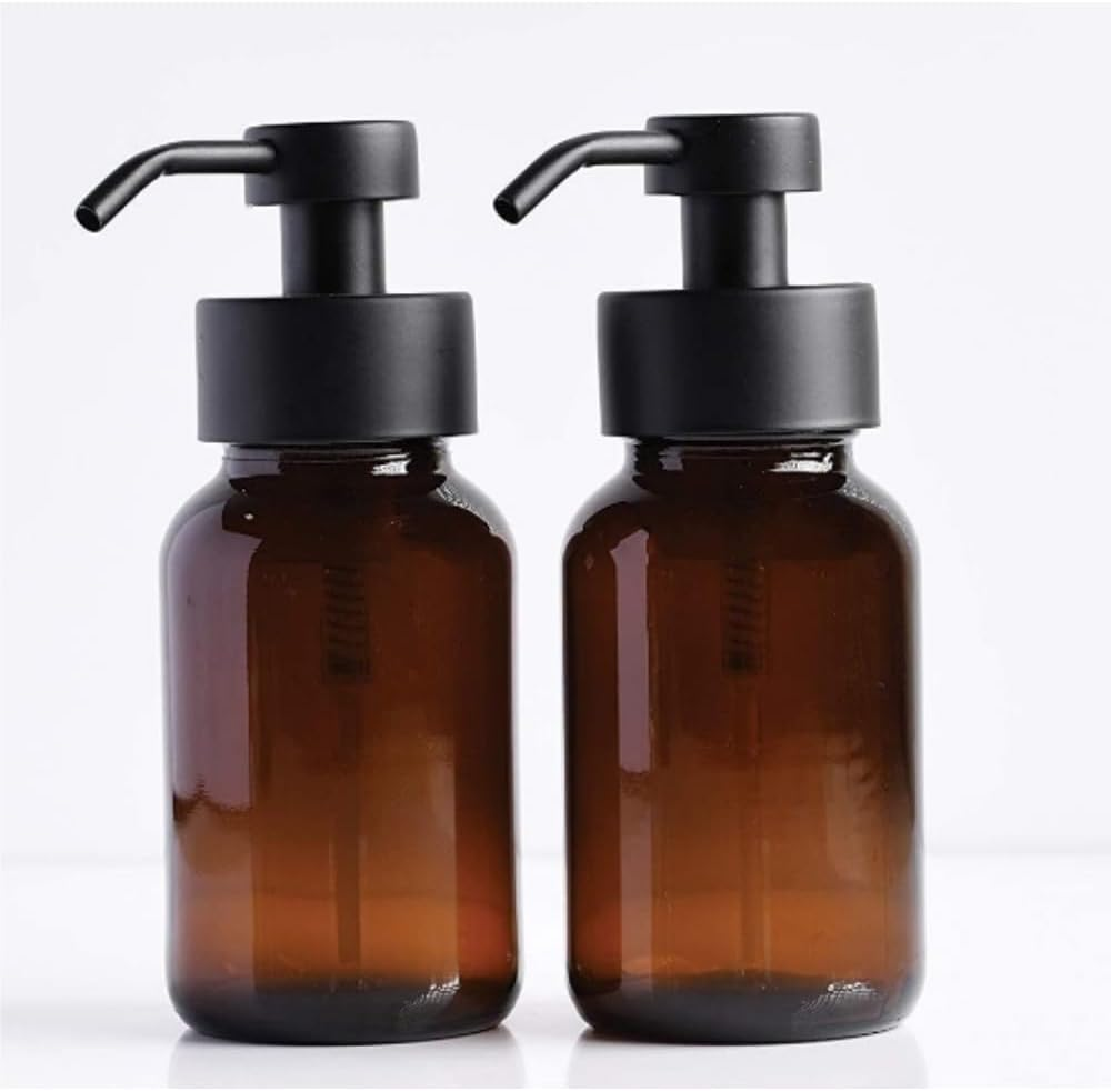 HIDOSNG Foaming Soap Dispenser, 2 Pack Amber Glass Foam Soap Dispenser for Bathroom & Kitchen, Modern Refillable Foaming Hand Soap Dispenser, Foam Pump Bottle with Waterproof Labels 8.5 Oz image number 1