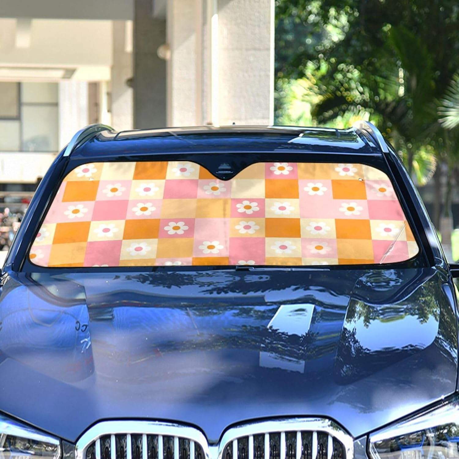 Windshield Sun Shade Checkered Grid Pastel Pink, Foldable Windshield Heat Shield, Front Window Cover - 55&times;27.6 Inch image number 6