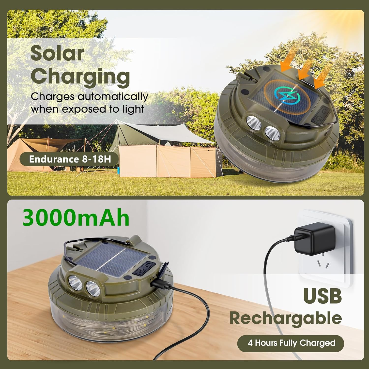 Solar Camping String Lights Outdoor, Portable Outdoor Waterproof Retractable,20M 3000Mah 4 in 1 Camp Light with 9 Modes, Solar&Usb Rechargeable Tent Lights,For Camping,Hiking, Yard,Rv