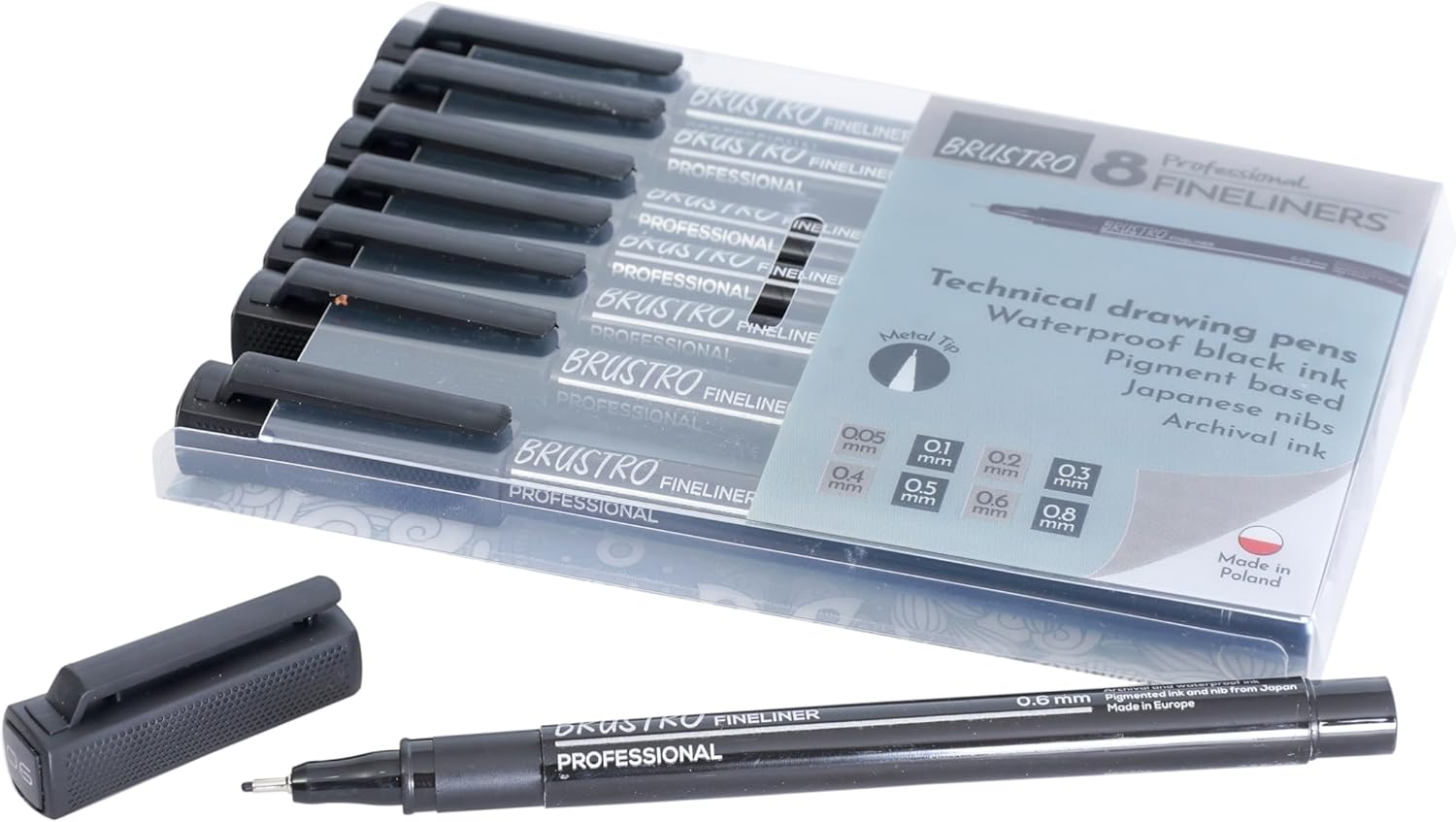 BRUSTRO Professional Pigment Based Fineliner |Black| Set of 8 - Tip Size 0.05Mm, 0.1Mm, 0.2Mm, 0.3Mm, 0.4Mm, 0.5Mm, 0.6Mm and 0.8Mm| Technical Drawing,Waterproof,Artist Illustration,Sketching,Mandala image number 1