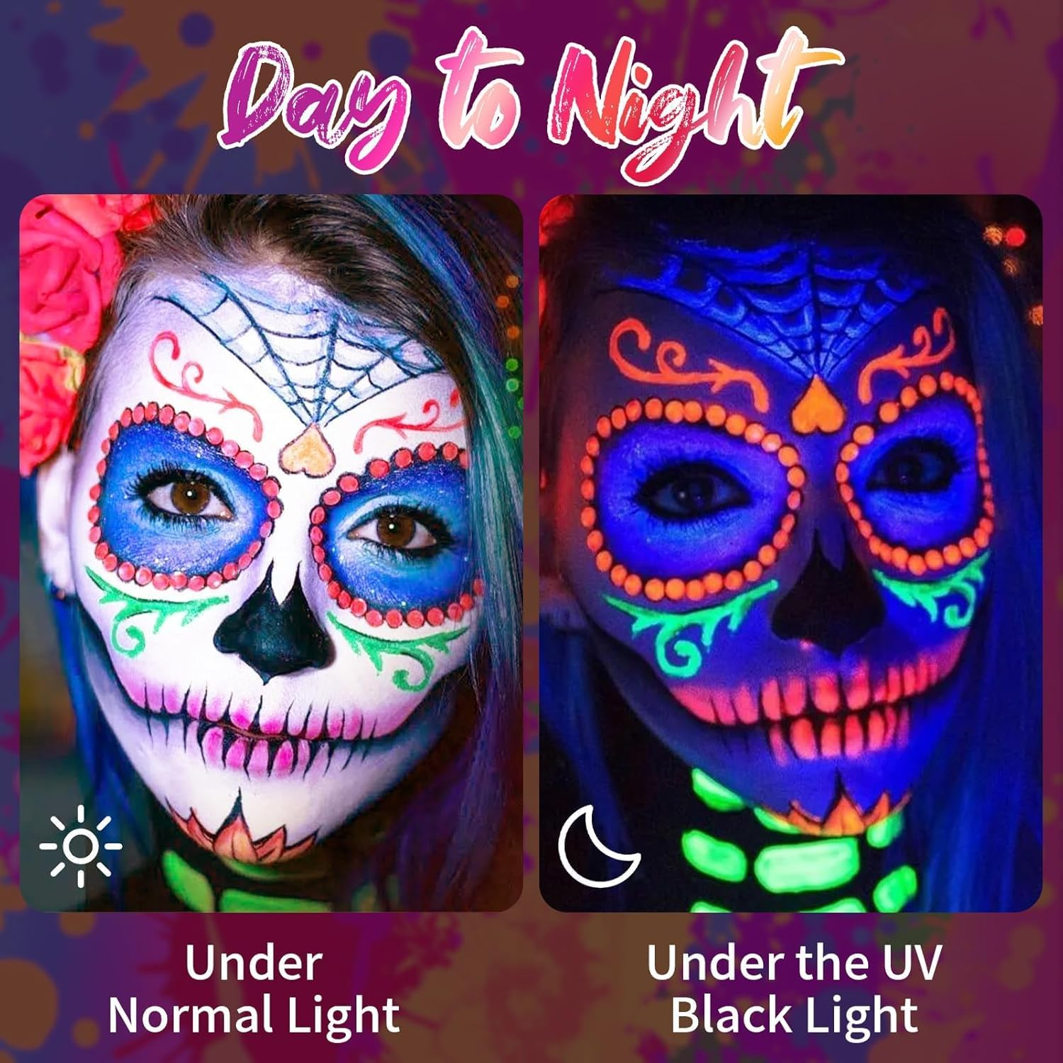 YBUETE 8 Colors UV Black Light Face Paint Palette, Glow in the UV Blacklight Body Paint,8 Colors Neon Fluorescent Body Paint Palette for Halloween Makeup, Cosplay Party, SFX Makeup Palette with Brush