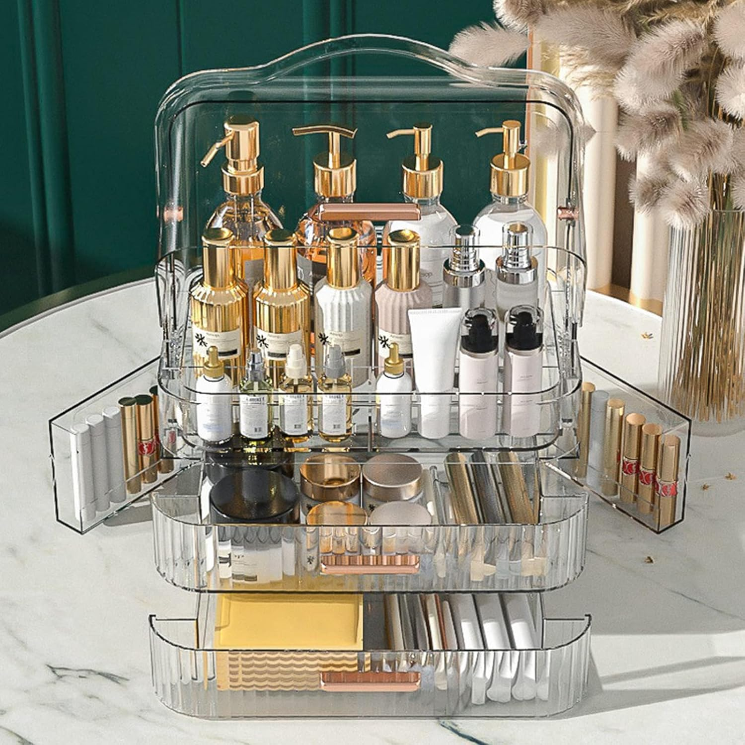 Makeup Organizer, Cosmetics Organizer Box with Double-Layer Drawers, Double-Sided Flap Design, Cosmetics Storage Display Case for Countertop, Dresser, Bedroom, Bathroom image number 3