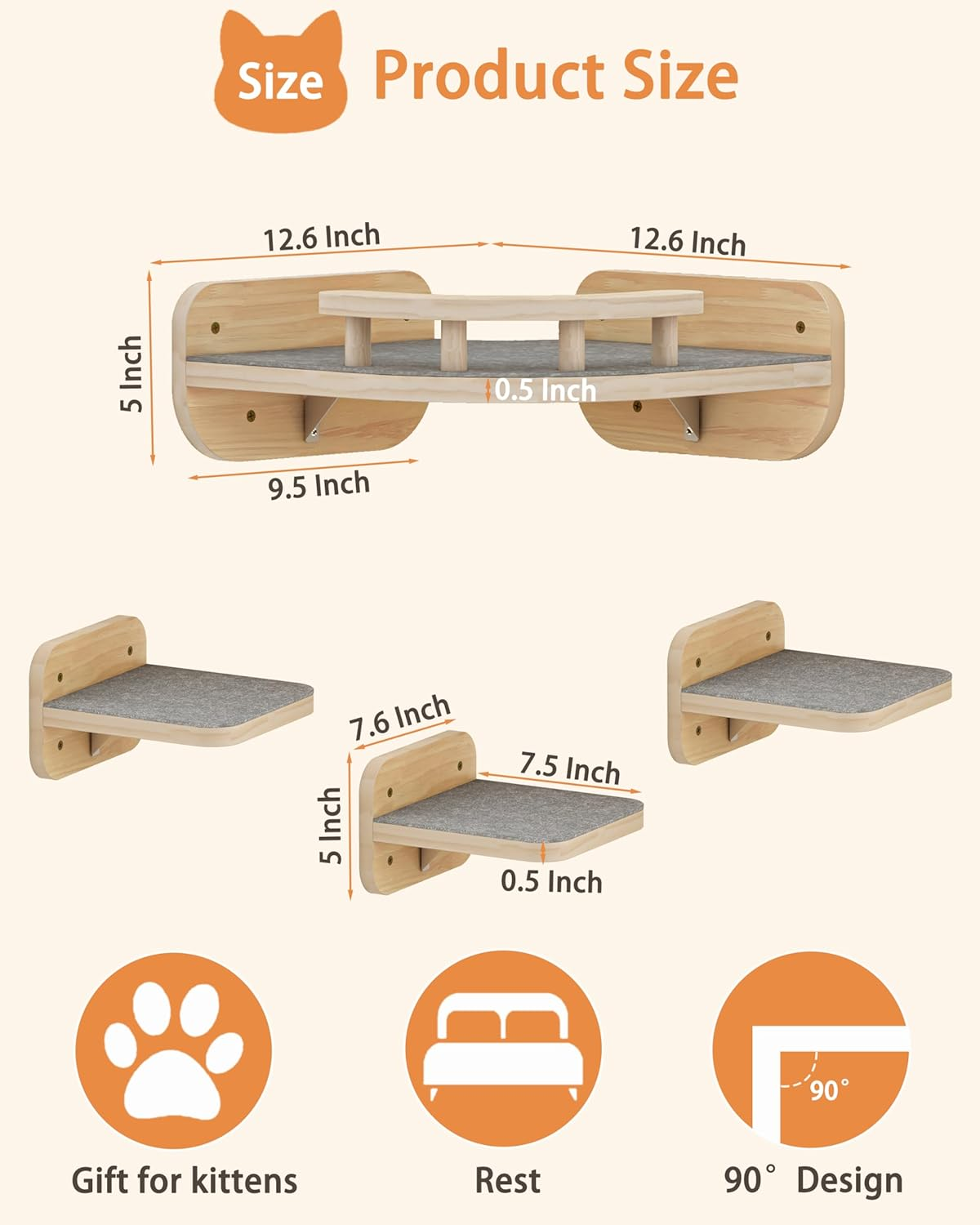 Megidok Corner Cat Climbing Shelf Perches Set Furniture, Cat Bed Wall Mounted with Soft Cushion, Modern Floating Stairs for Wall Indoor-Wood Color&shy; image number 2