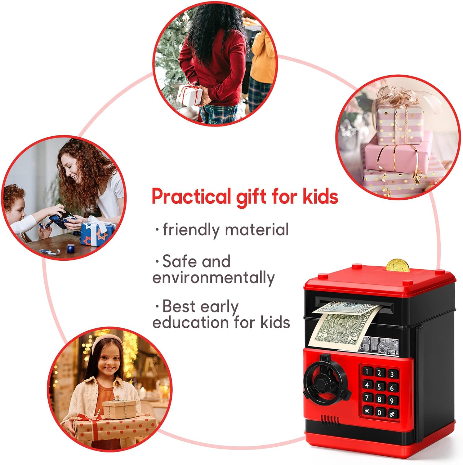 Electronic Piggy Bank for Kids, Money Bank with Password/Cute Mini ATM Piggy Bank Coin Can, Auto Scroll Cash Safe Box, Great and Practical Birthday Gifts for Boys & Girls (Black and Red)