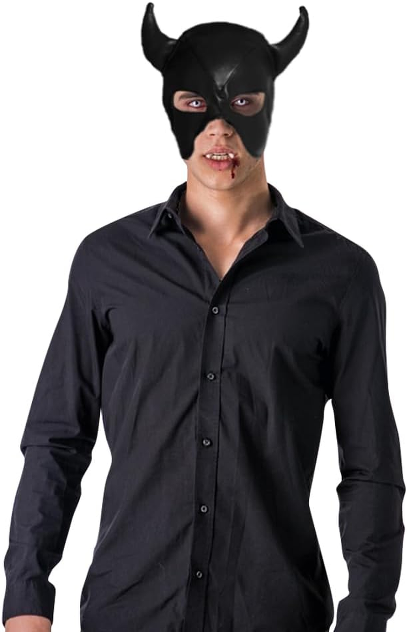 PU Leather Horn Full Cover Hood Mask Opened Mouth Show Eyes Face Mask Adjustable Lace-Up Hood Headgear Halloween Cosplay Fancy Dress Eye Mask Night Club Dress up Costume for Couple Games Carnival image number 4