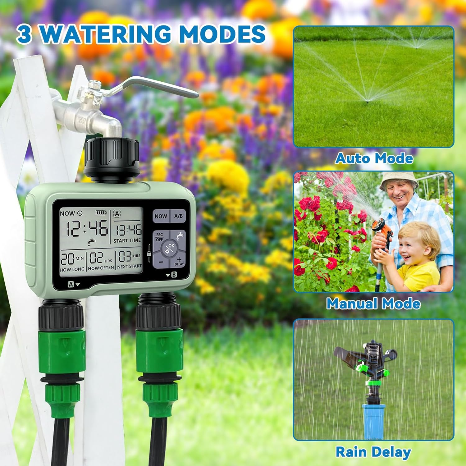 Water Timer for Garden Hose Timers for Watering &ndash; Dual-Outlet Smart Sprinkler Timer, Automatic & Manual Watering Modes, Programmable Digital Irrigation Controller for Lawns, Yards, and Greenhouses image number 3