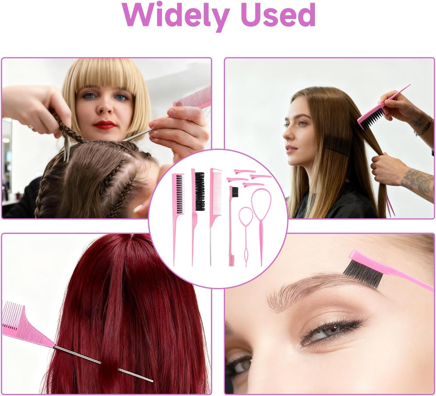 Teccfly 10Pcs Hair Brush Set - Braiding Kit & Hair Supplies,Topsy Tail Hair Tool,Edge&Back&Teasing Brush Rat Tail Comb Styling Tools for Women (Pink)