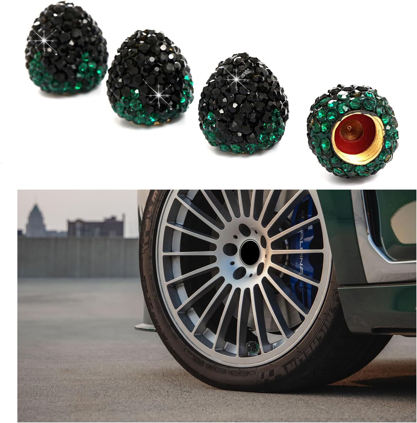 Ziciner 4PCS Strawberry Car Tire Valve Stem Caps, Bling Crystal Rhinestone Tire Valve Stem Covers, Dustproof Wheel Valve Covers for Women, Universal Car Accessories for Most Vehicles (Red)