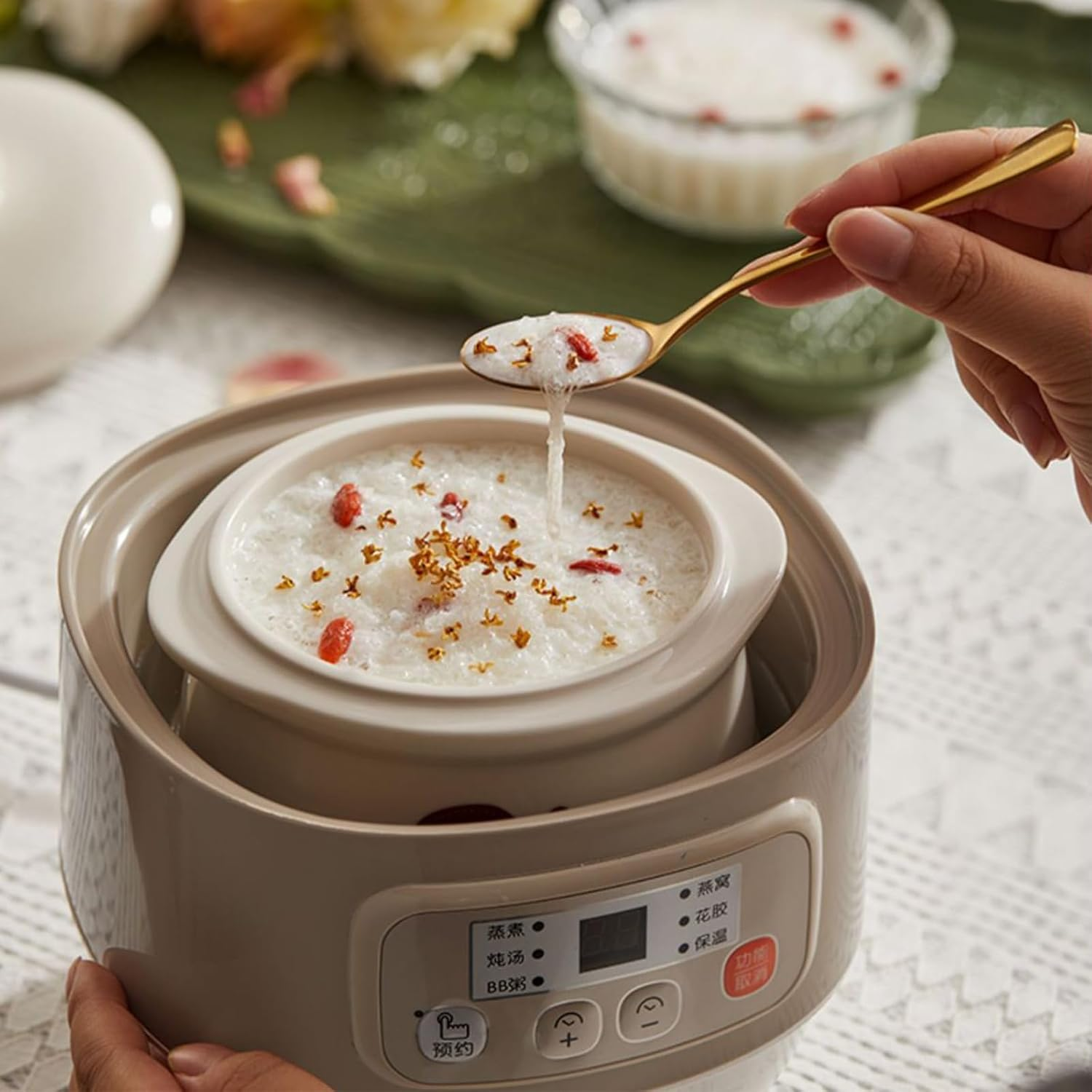 Electric Stew Pot, 0.8L Mini Ceramic Slow Cookers, 6 Smart Menus, 9.5H Appointment & Keep Warm, for Household Stew Pot, Soup, Baby Porridge, Desserts (Almond, AU Adapter) image number 5