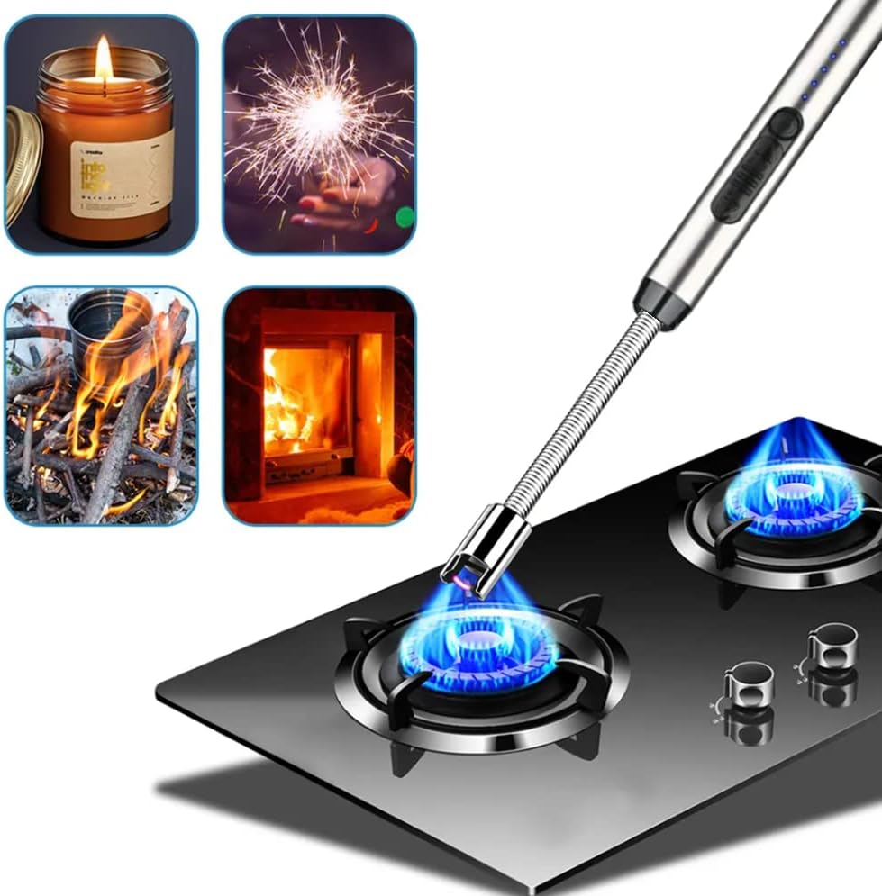 Nomel Electric Candle Lighter, USB Windproof Flexible Camping BBQ Outdoor Rechargeable Plasma Safety Lighter, 360&deg;Flexible Long Neck, LED Battery Display, Hook, Silver