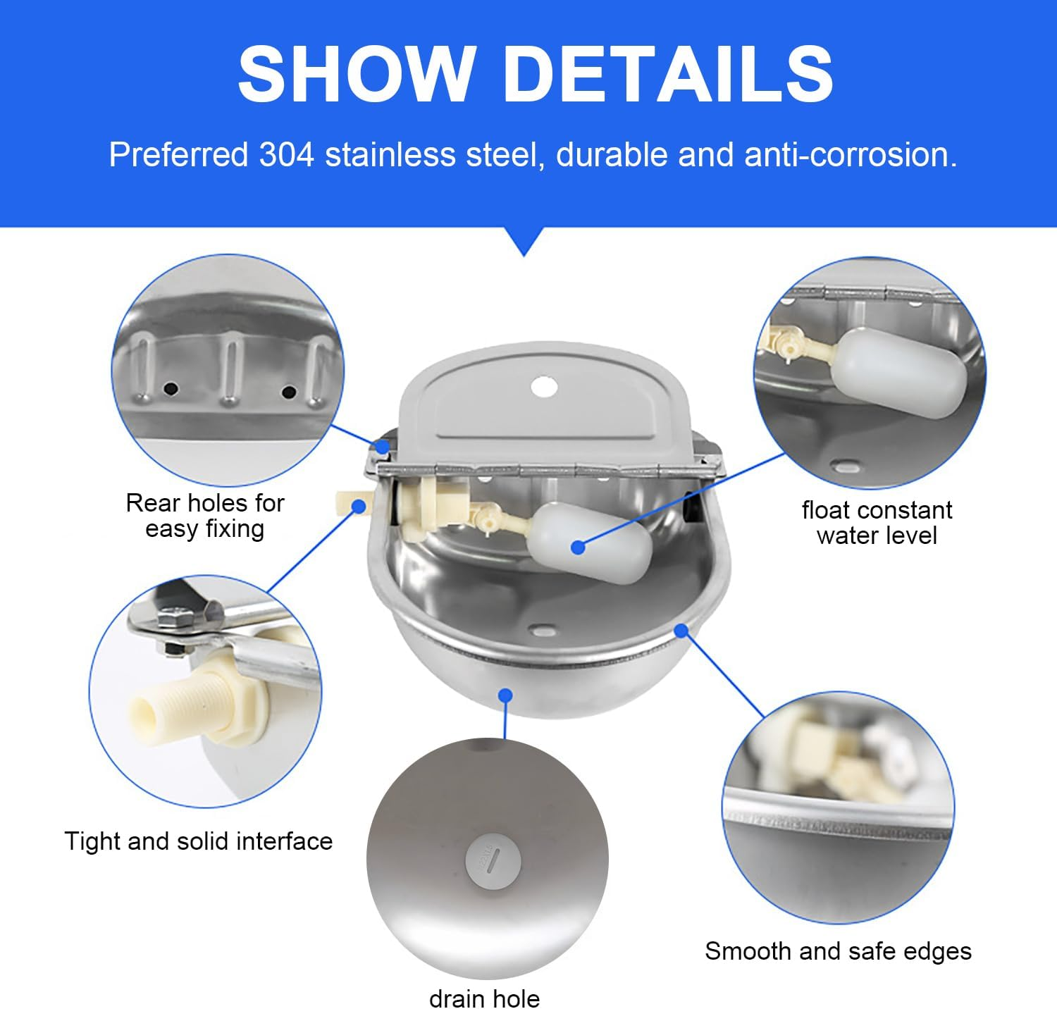 Automatic Livestock Waterer, 2.5L Durable Cattle Automatic Water Bowl-Dog Water Dispenser, 304 Stainless Steel Auto-Filling Waterer for Horses Sheep Cow Needed Farm Animal Waterer with Drainage image number 6