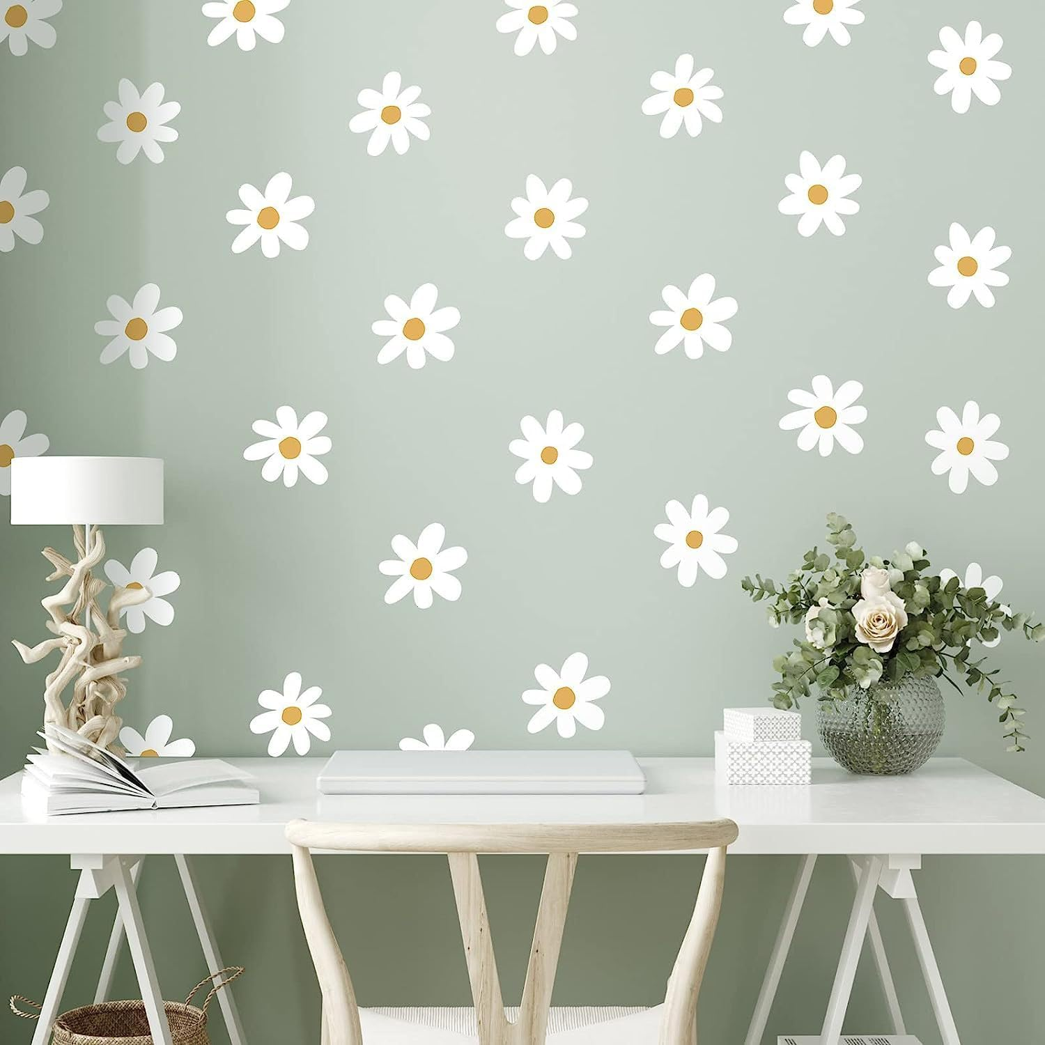 Daisy Wall Decals Boho Flower Wall Sstickers Baby Nursery Kids Room Girls Bedroom Wall Window Decor (White-Small)