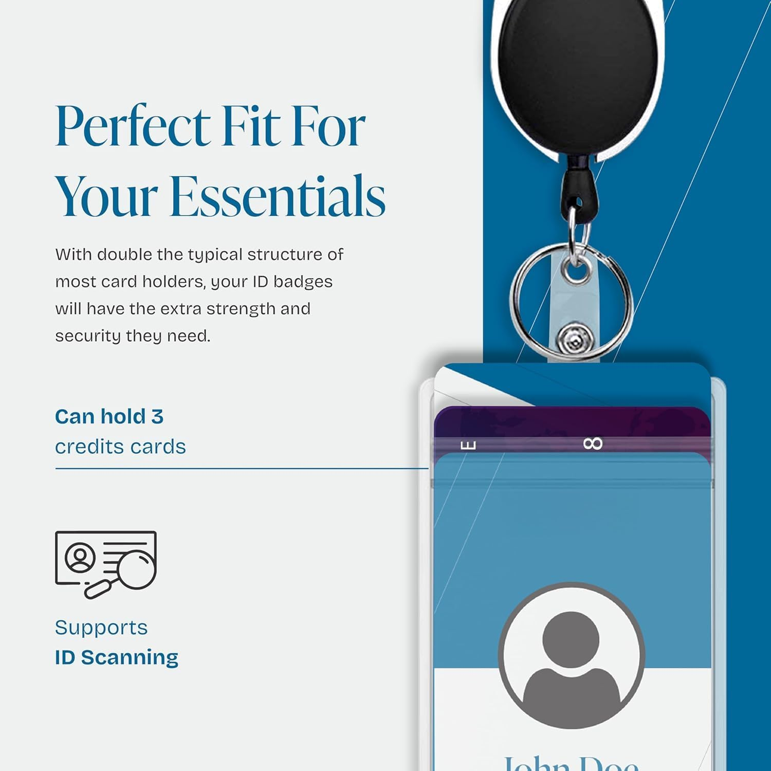 ID Badge Holders with Clip and Keyring - Vertical Clear Plastic 6.4CM X 9.1CM Sleeves Fit up to 3 Cards - Retractable 60CM UHMWPE Fiber Pull Cords for Easy Access (Black, 2 Pcs (Vertical)) image number 2