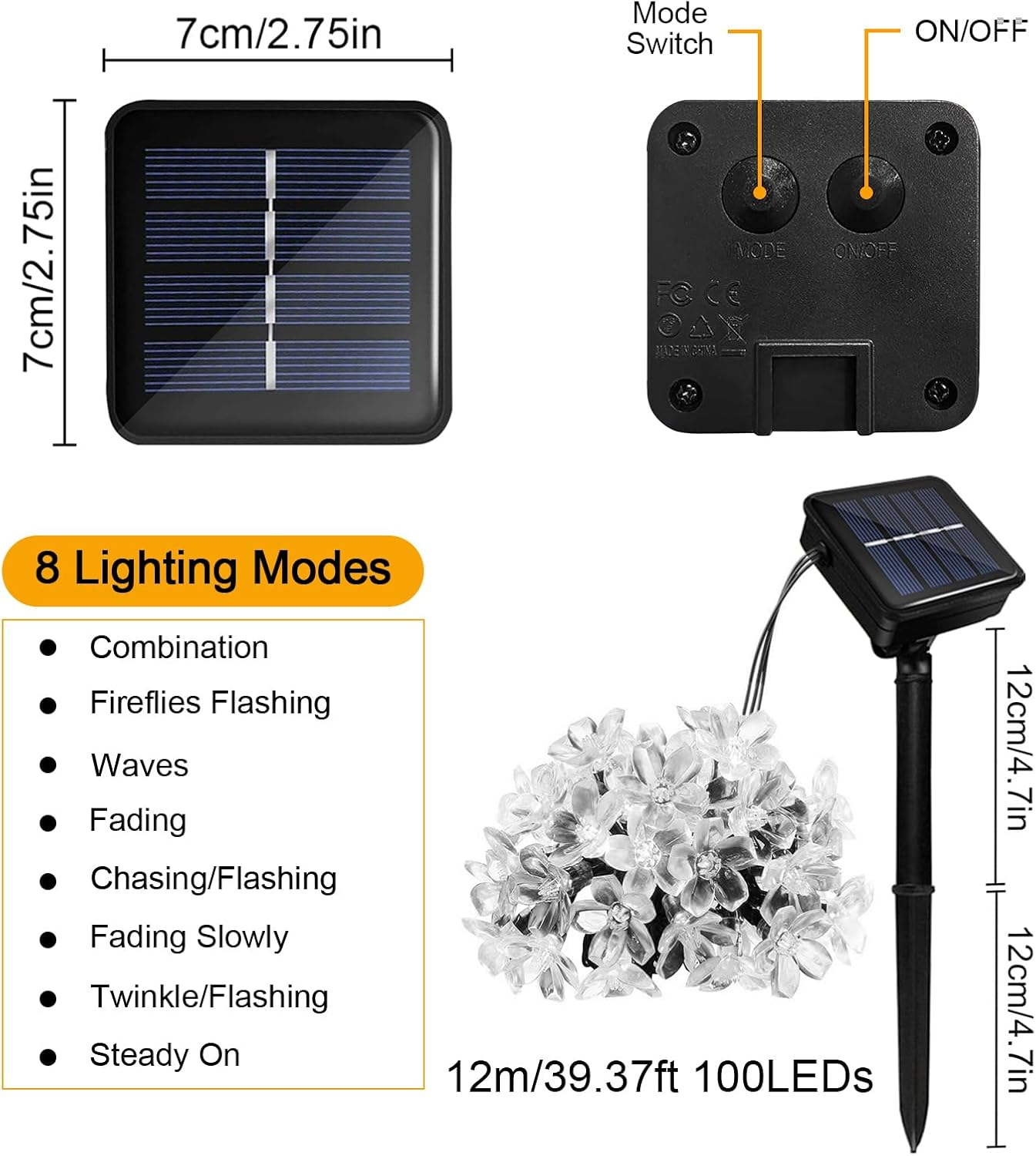 Acxilexy Solar Flower String Lights, 100LED 39Ft Cherry Blossom String Lights, 8 Modes Sakura Fairy Lights Outdoor, IP65 Waterproof Flower Lights for Garden Wedding Christmas Party Decoration - Multicoloured image number 3