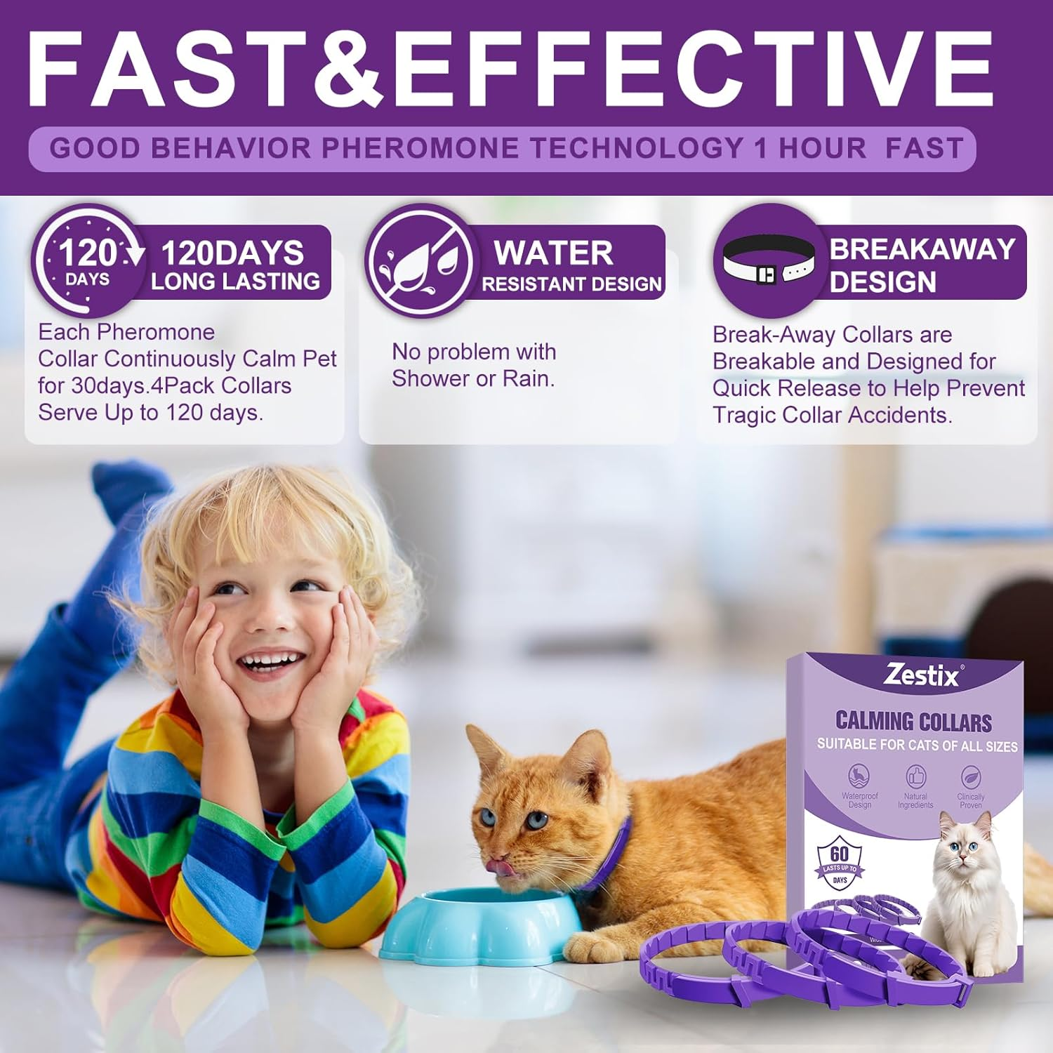 Cat Calming Collar with Pheromone & Lavender, Adjustable Waterproof Design, 30-Day Anxiety Relief, 4-Pack for Multi-Cat Stress & Travel
