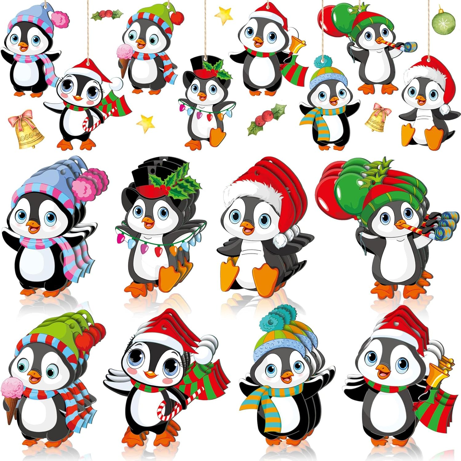 Gerrii 40 Pieces Christmas Penguin Ornaments Bulk for Xmas Tree Wood with Rope Dancing Penguin Ornaments for Christmas Holiday Party Decorations