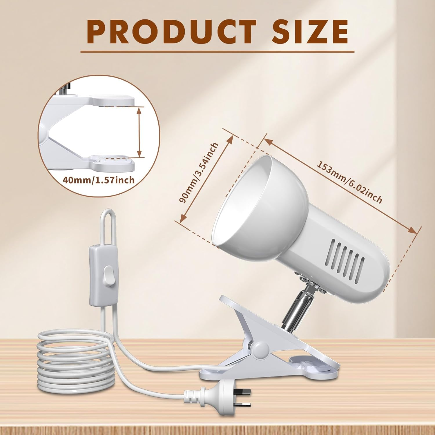 Tobebright Clip on Reading Light for Bed, Desk Clamp E27 Adjustable Holder with Plug and Switch, 360Degree Rotating Headboard Lamp Bedside Grow Light Portable Little Spotlight White(Bulb Not Included) image number 6