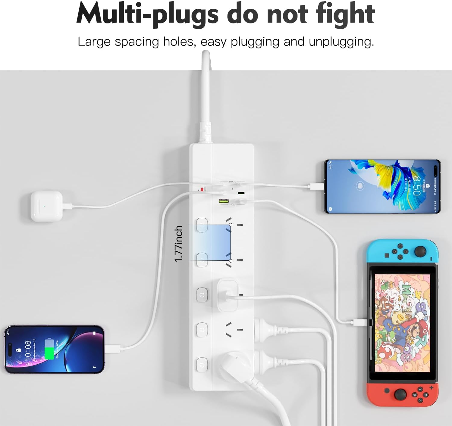 BOCHLION Power Strip with Independent Switch, Equipped with 10AC Power Sockets and 2 USB-A and 4 USB-C, 1.8M Extension Cable, Overload Protection for Home, Office, School, and Dormitory. (White) image number 4