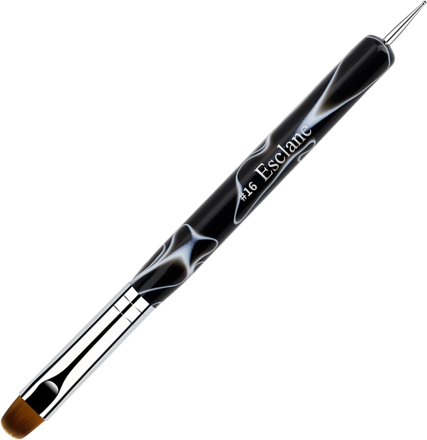 Esclane 2 Way French Nail Brush with Dotting Tool, White Marble Acrylic Handle, Nylon Head, Flat Tongue, French Tip Brush (#12)