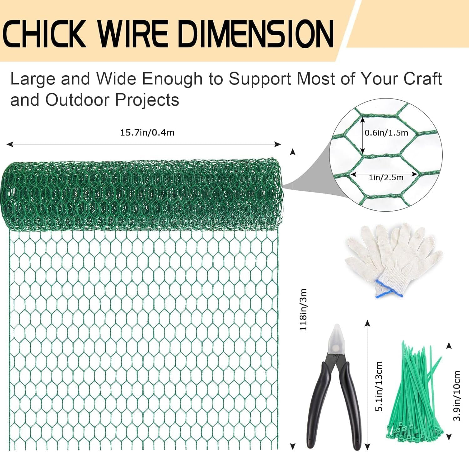 Chicken Wire 15.7In X 118In with a Pair of Gloves，1 Wire Cutter，50 Pcs Cable Zip Ties, Floral Chicken Mesh 0.8In Hexagonal Galvanized PVC Coated Garden Netting Fence for Craft Poultry Garden image number 3