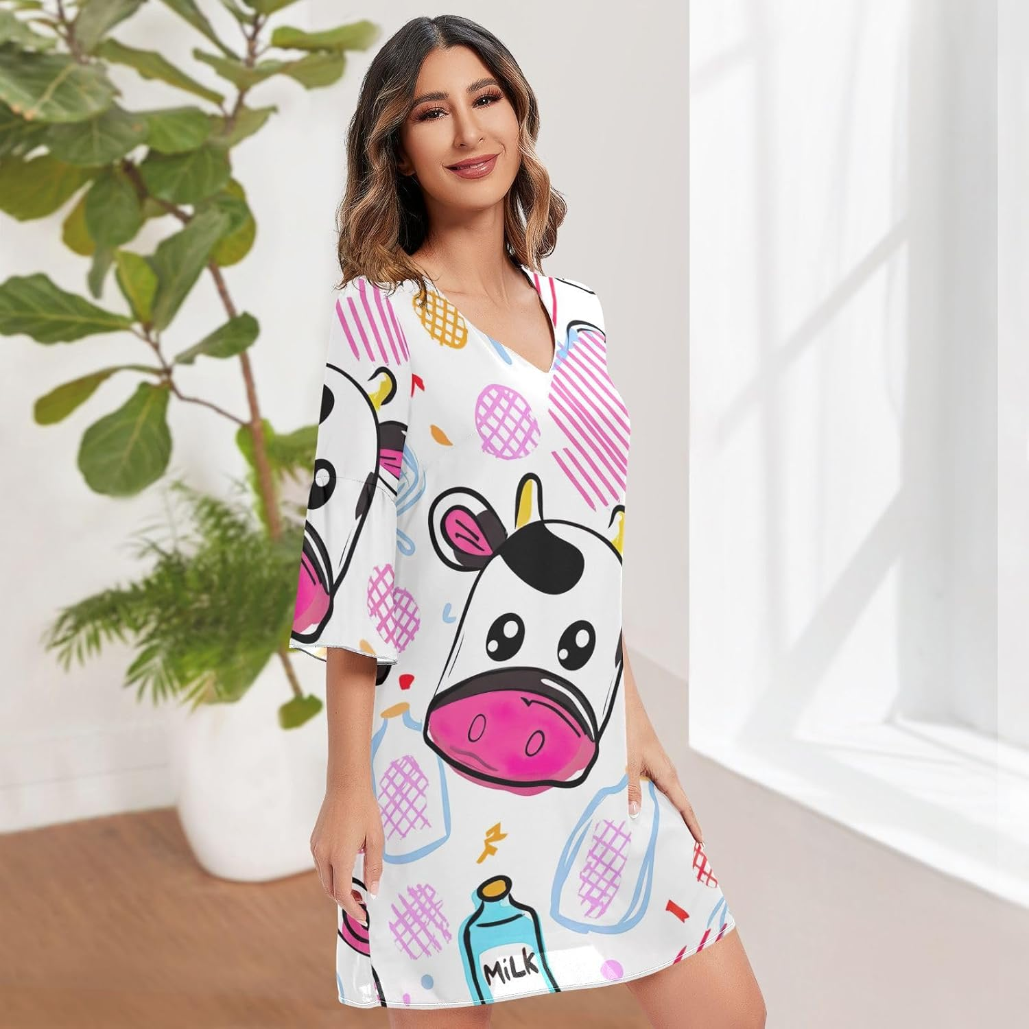 Adorable Cow Pink Casual V Neck Dress Printed Line Maternity Dress S-XXL image number 4