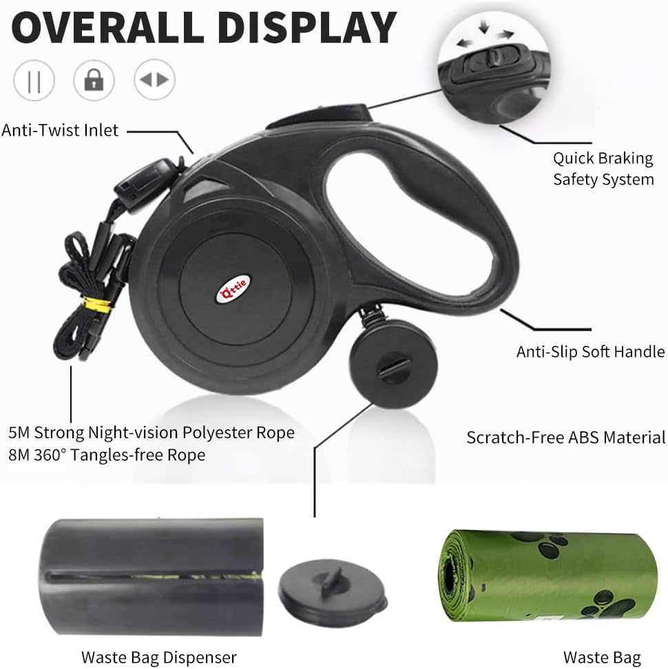 Retractable Dog Leash Lead with Dispenser and Poop Bags, Pet Walking Leash for Large Dog or Cat, Anti-Slip Soft Handle, Tangle Free, Reflective Nylon Tape(Black, 5 Meters, Max Load 50KG) image number 7