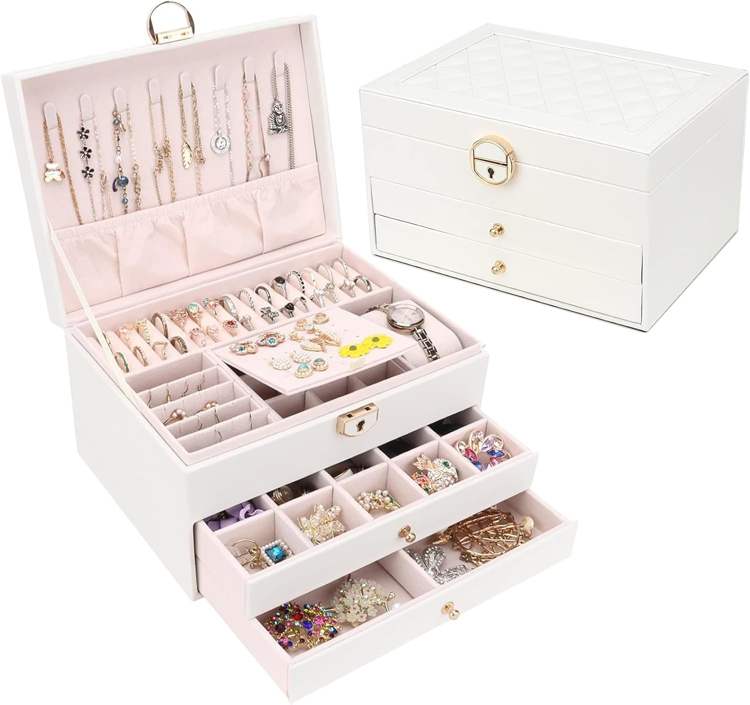 Jewelry Box for Women, Jewelry Organizer Box with Lock, 3-Layer (Black)