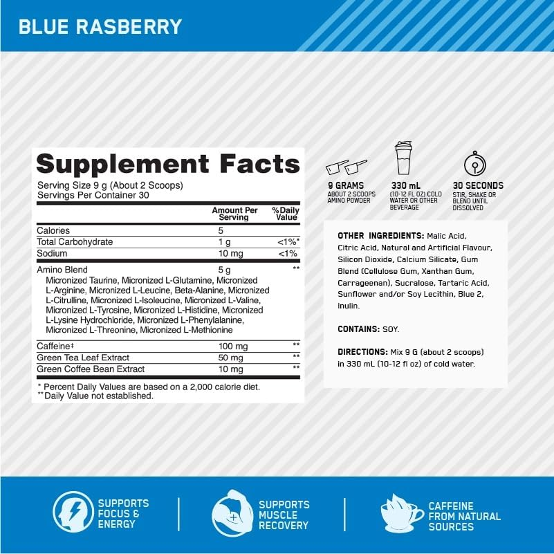 OPTIMUM NUTRITION Amino Energy Powder, Blue Raspberry, 585G 65 Servings image number 2