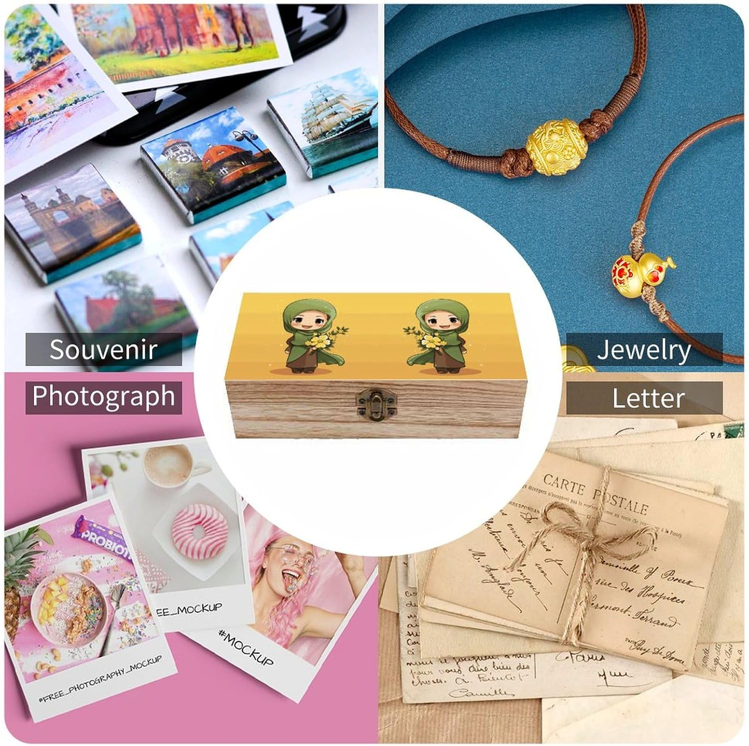 Cartoon Muslim Girl Wooden Box Wood Wedding Keepsake Boxes with Lids Small Decorative Boxes Lightweight Wooden Memory Storage Box for Crafts Keepsakes Jewelry Photo Letter Storage image number 2