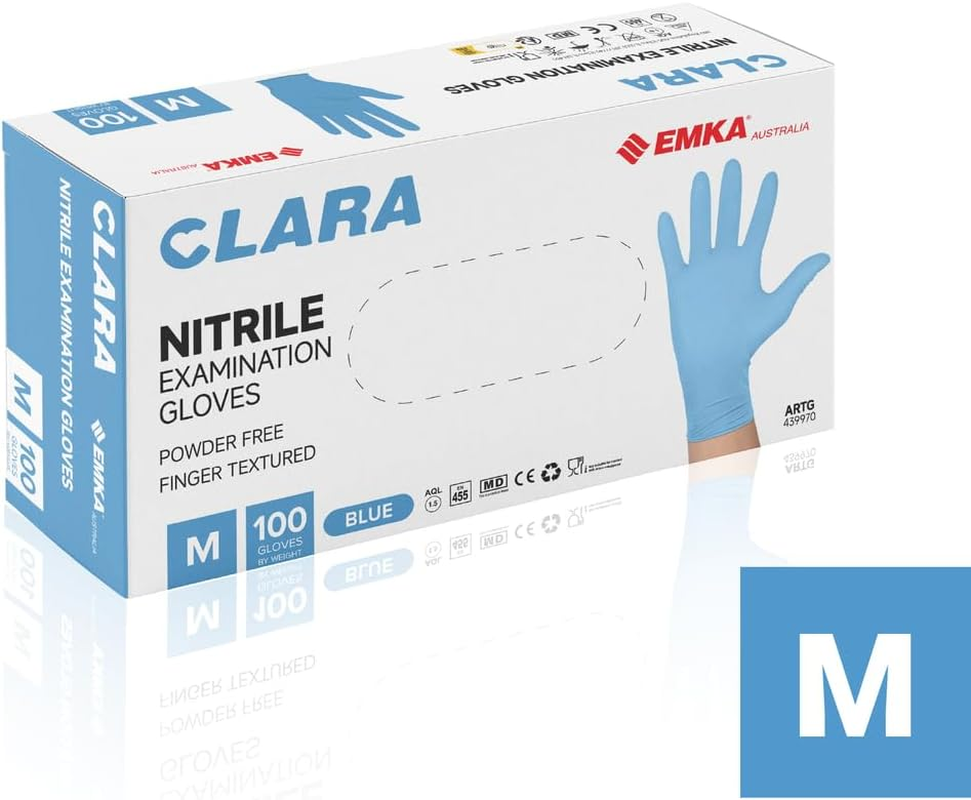Clara Blue Nitrile Powder Free Disposable Examination Gloves, Finger Textured, 3.0G, 100 Pieces