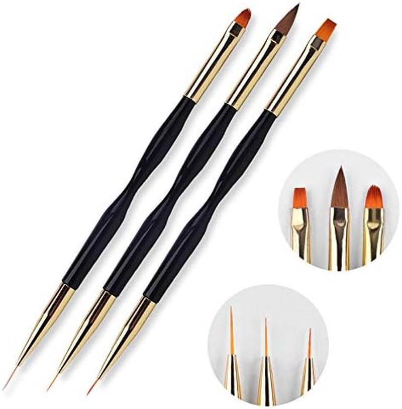FULINJOY 4 in 1 Set, Dual-Ended Polygel Brush Picker Brush, 3 Pcs Nail Drawing Pen, Dual End Nail Art Pen Brush Acrylic round Flat Painting Drawing Liner Nail Tools
