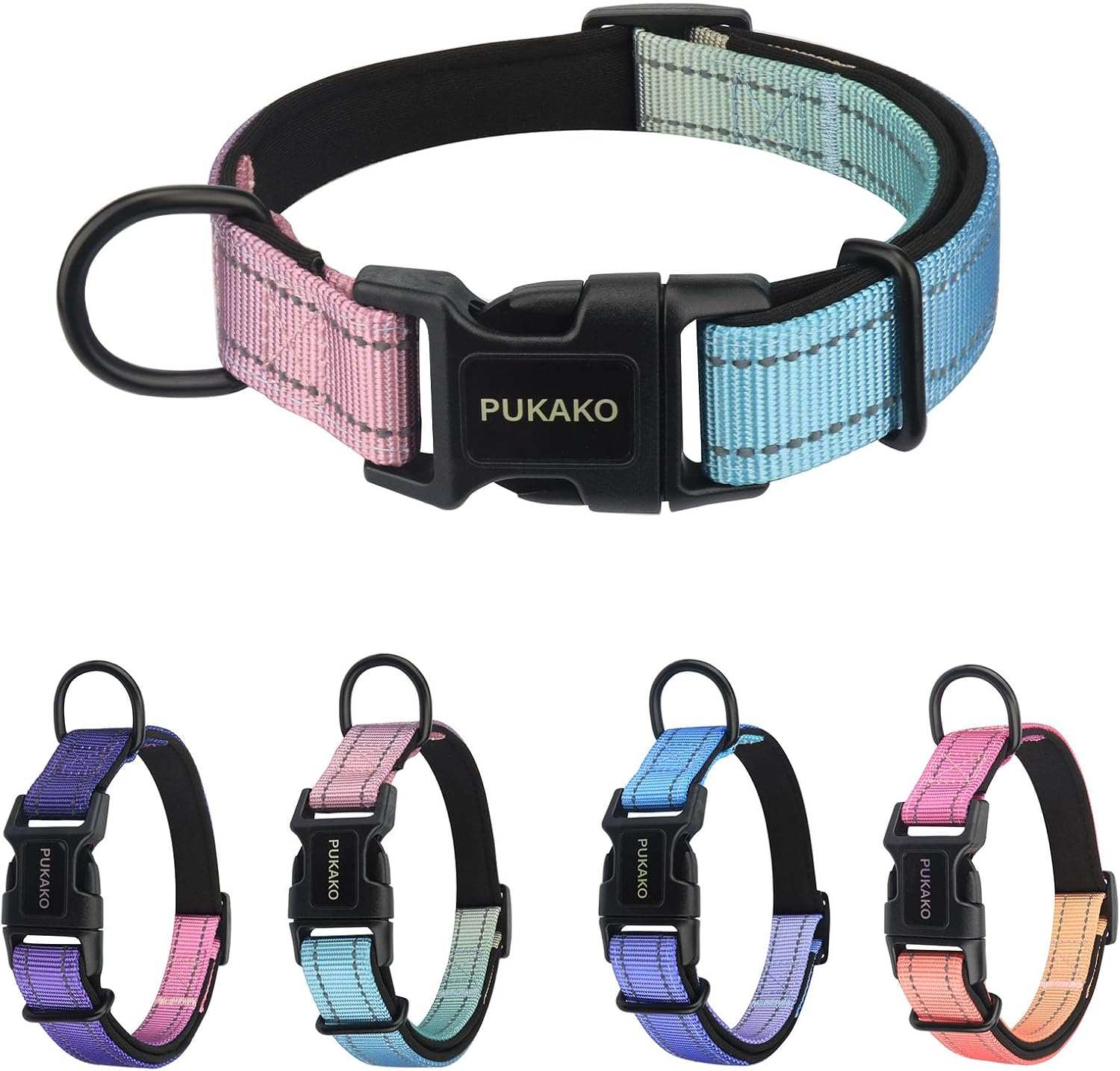PUKAKO Reflective Dog Collar, Adjustable Soft Neoprene Padded Nylon Pet Collars with Buckle for Small Medium Large Dogs Girl, Blue Gradient, L