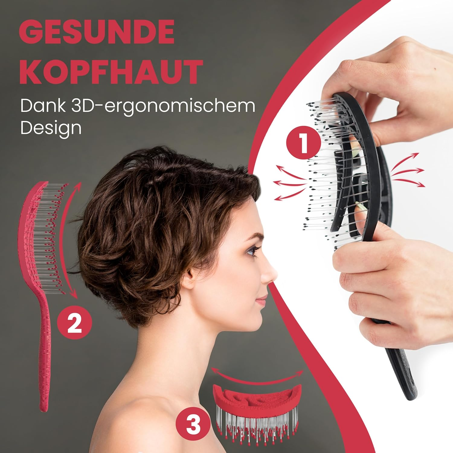 Walcora Hair Brush without Pulling, Detangling Brush & Detangler Brush for Women, Men & Children, for Curls, Wet, Fine & Long Hair, Hair Brush - Red image number 2