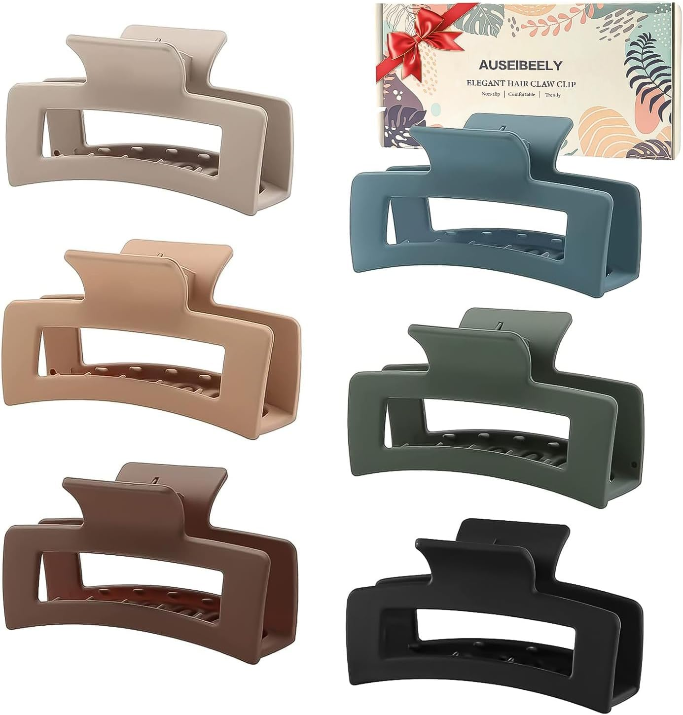 Auseibeely 6 Pack Square Claw for Women Girls, 3.5" Medium Non-Slip Rectangular Matte Clips Strong Hold Jumbo Hair Styling Accessories, Ideal for Gifts, Cool