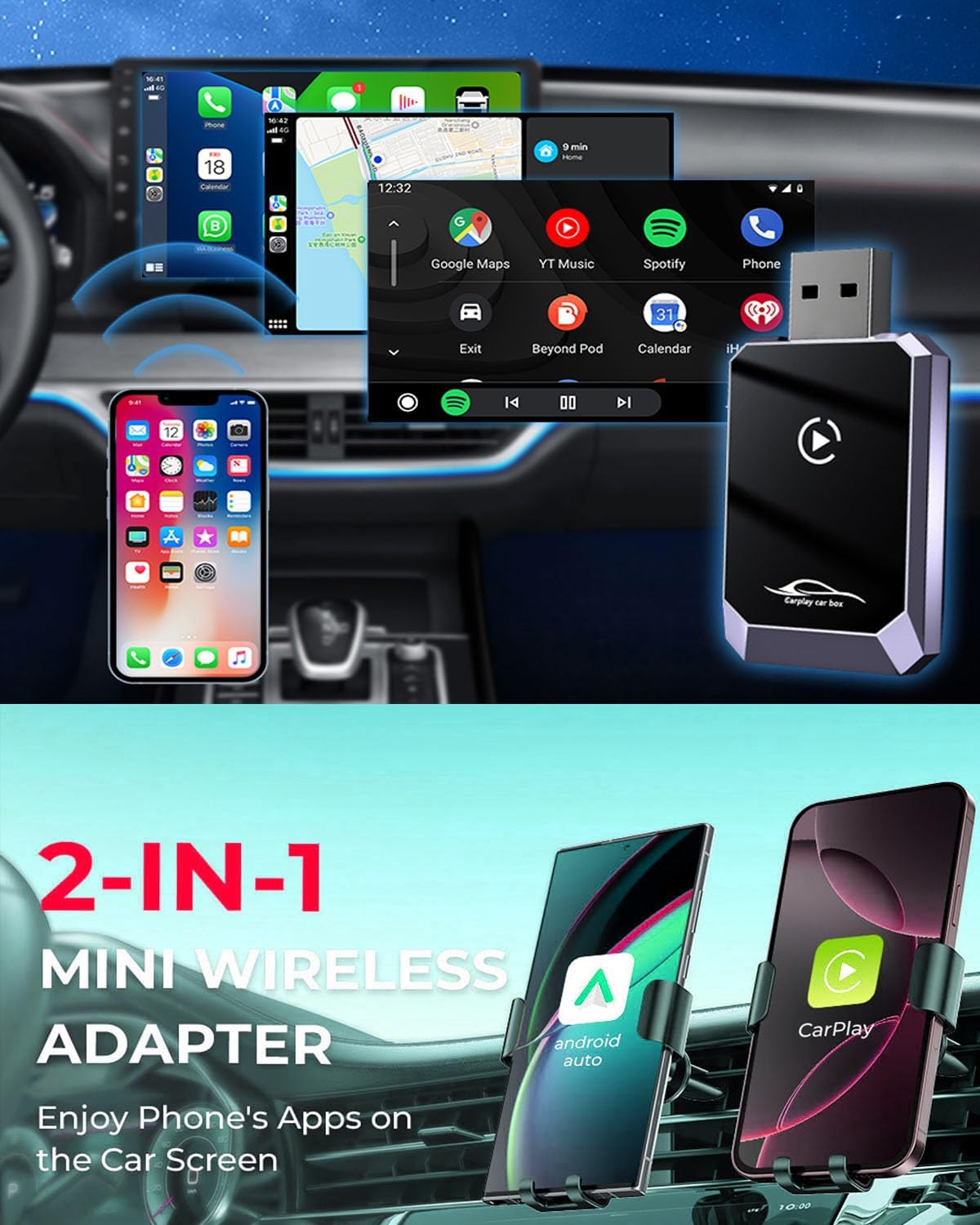 Wireless Carplay Adapter & Android Auto Wireless Adapter, 2-In-1 Fast & Stable Carplay Car Play Adapter for Ios 10+/Android 11+ image number 5