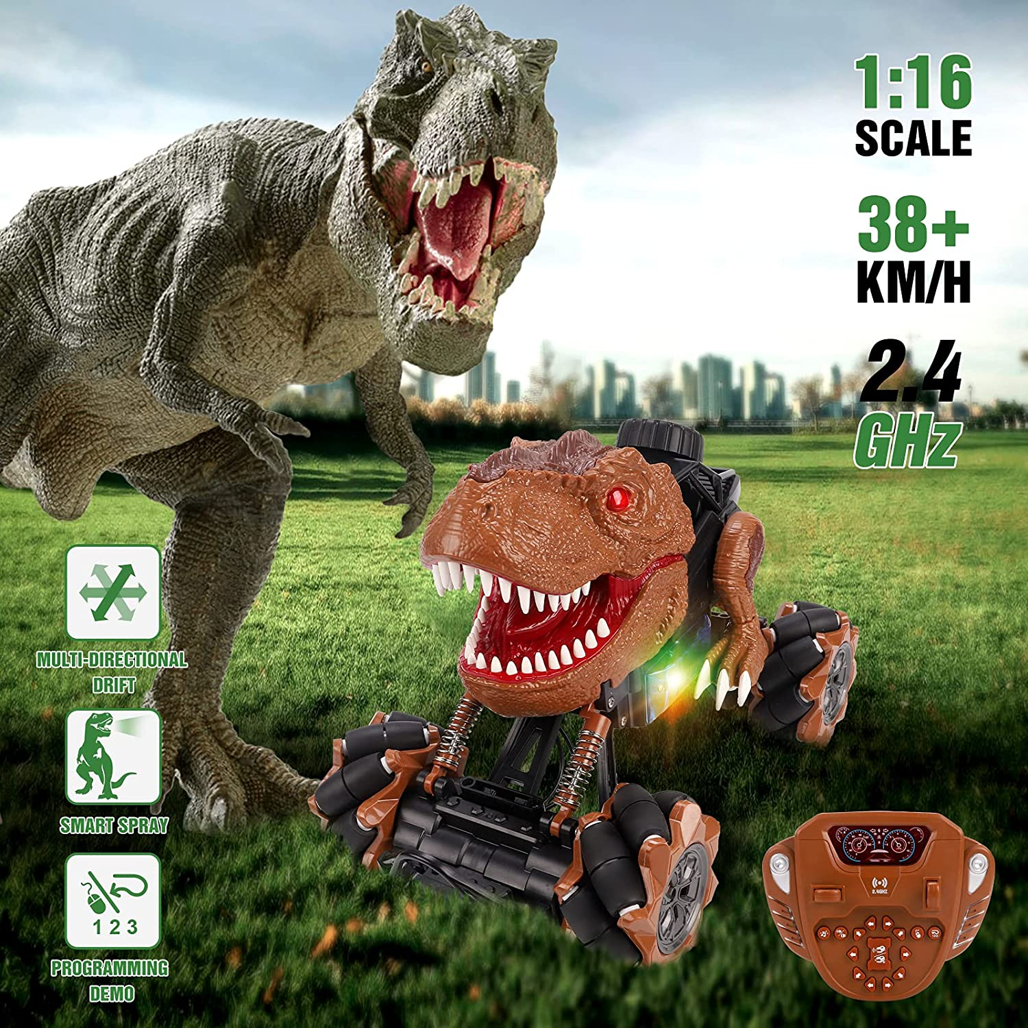 REMOKING Remote Control Dinosaur Toys,Dinosaur Car Kids Toy with Drift Stunt,Spray,Led Lights,Roaring,4X4 RC T-Rex Dinosaur Trucks for 6-12 Year Old Boys Girls, Birthday Gifts for Children