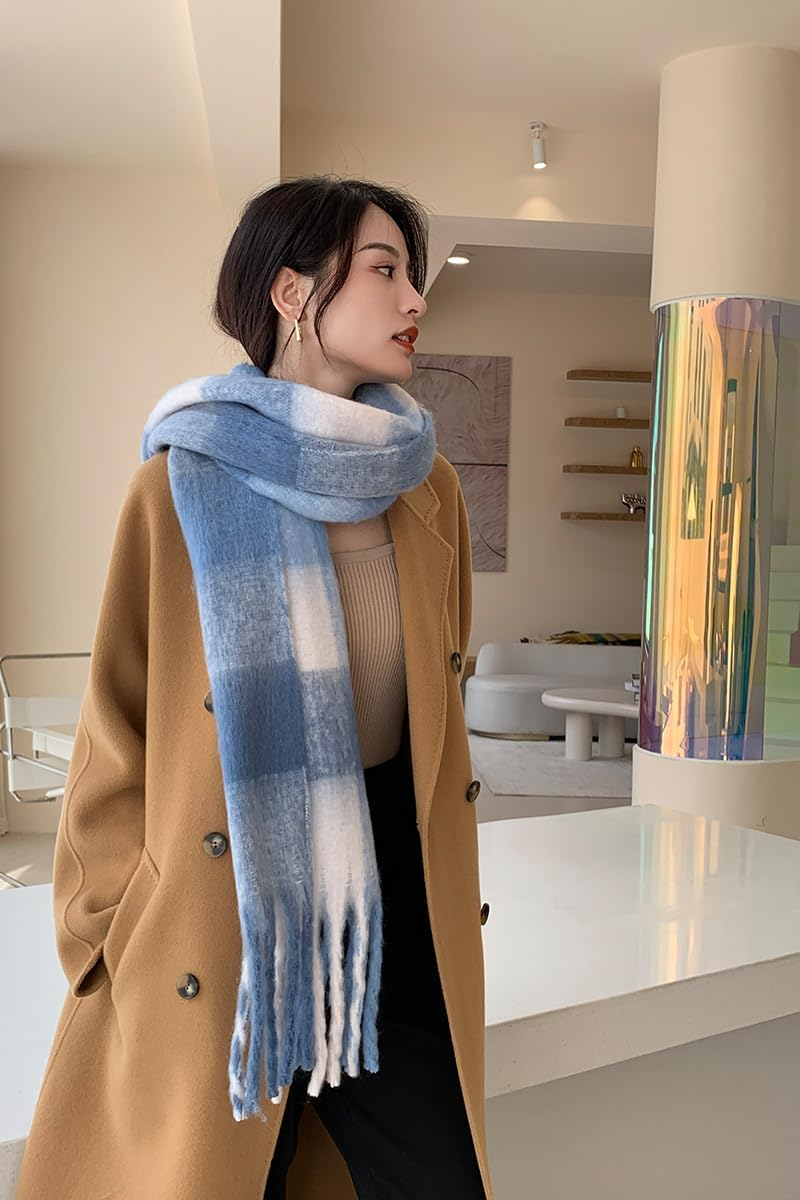 Youcoscos Winter Scarf for Women Oversized Chunky Plaid Scarves Large Plaid Thick Soft Warm Blanket Scarfs Tassel Shawl - Beige image number 3