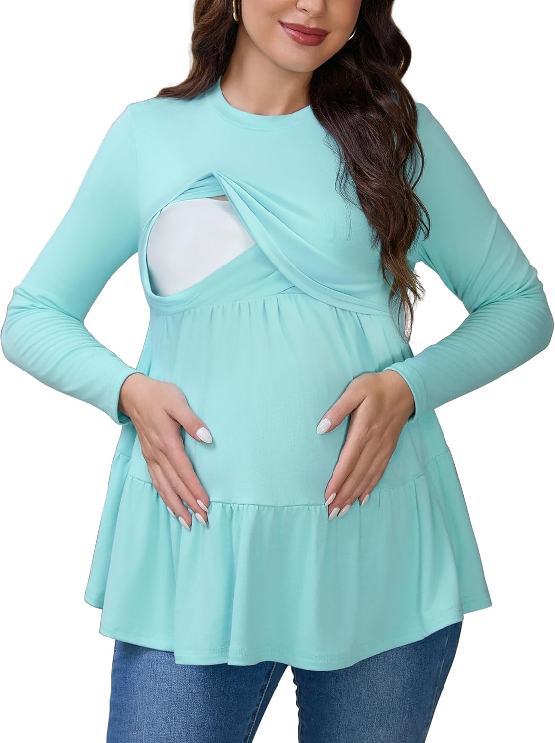 Cheibear Womens Nursing Top Ruffle Pleated Long Sleeve Tunic Rayon Postpartum Breastfeeding Shirt Pregnancy Clothes Blue Small image number 1
