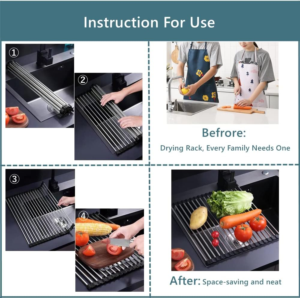 Dish Drying Rack Roll Up, over the Sink Dish Drying Rack Kitchen Rolling Dish Drainer, Foldable Sink Rack Mat Stainless Steel Dish Drying Rack for Kitchen Sink Counter Storage Organizer