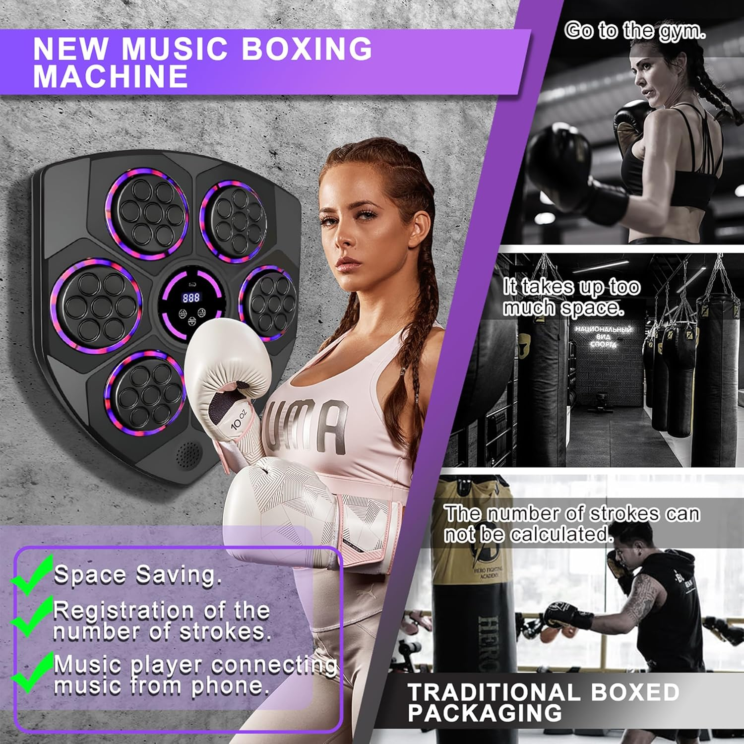 Music Boxing Machine, Bluetooth Smart Music Boxing Machine Equipped with Parent Child Boxing Gloves, Punching Machine, Punching Bag, Home Gym Equipment image number 3