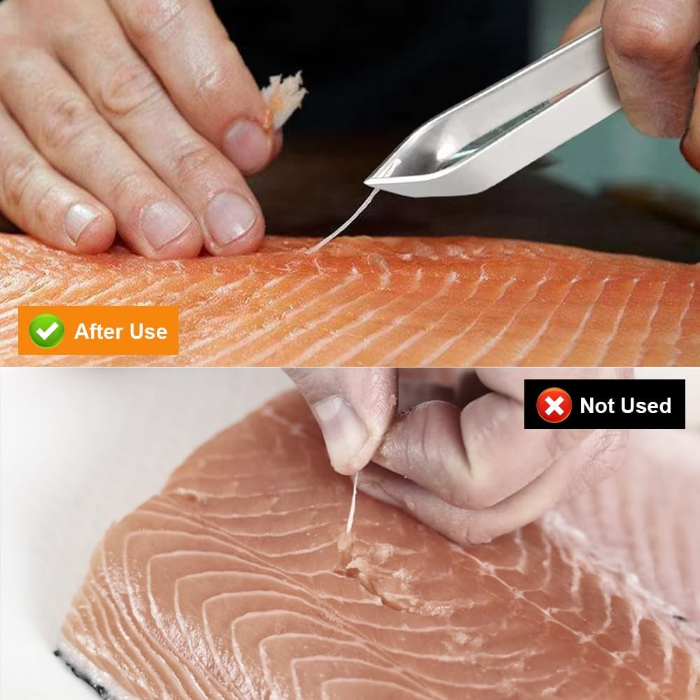 Bone Tweezers Pack of 2, Herringbone Tweezers Slanted Tip + Bone Tongs for Fish with Straight Head, Stainless Steel Quality Fish Tweezers Bone Tongs for Bones for Chicken Duck Pig Hair