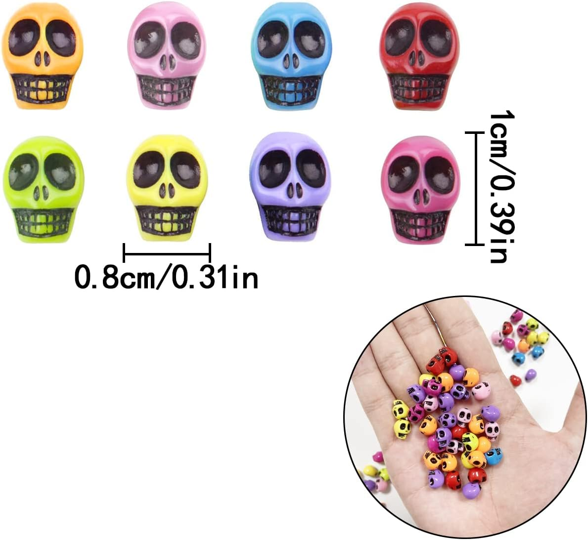 Halloween Spacer Beads, 100 Pcs Colorful Skull Beaded for DIY Craft Projects, Halloween Party Favors, Necklace Bracelet Jewelry Making (8 * 10Mm, Mix Color)