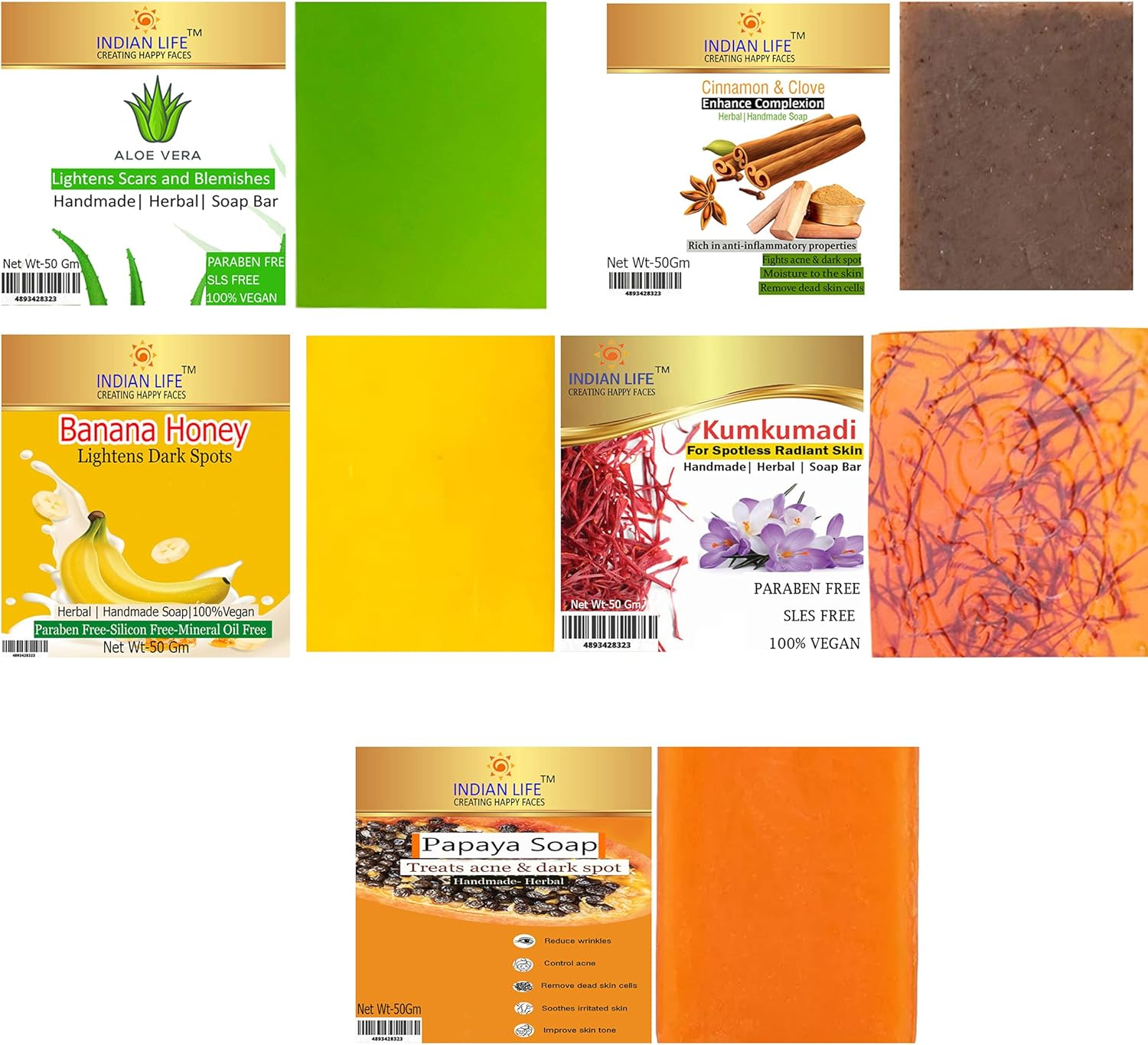 Best Handmade Soap for Glowing Skin Aloe Vera- Cinnamon-Banana-Kumkumadi-Papaya Paraben Free|Sls Free| Mineral Oil Free(Pack of 5) 50 Gm Each image number 5