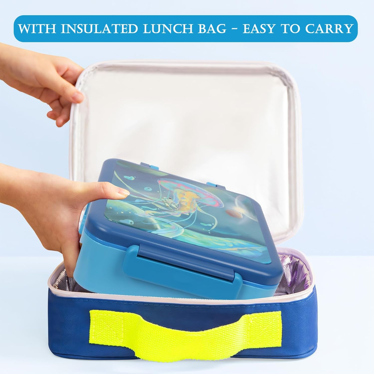 Bento Box for Kids & Adults, Insulated Leak-Proof Lunch Box with Insulated Food Jar for Hot Food, 4-Compartments Lunch Container with Cutlery and Snack Box for School Outdoors Office (Blue) image number 3