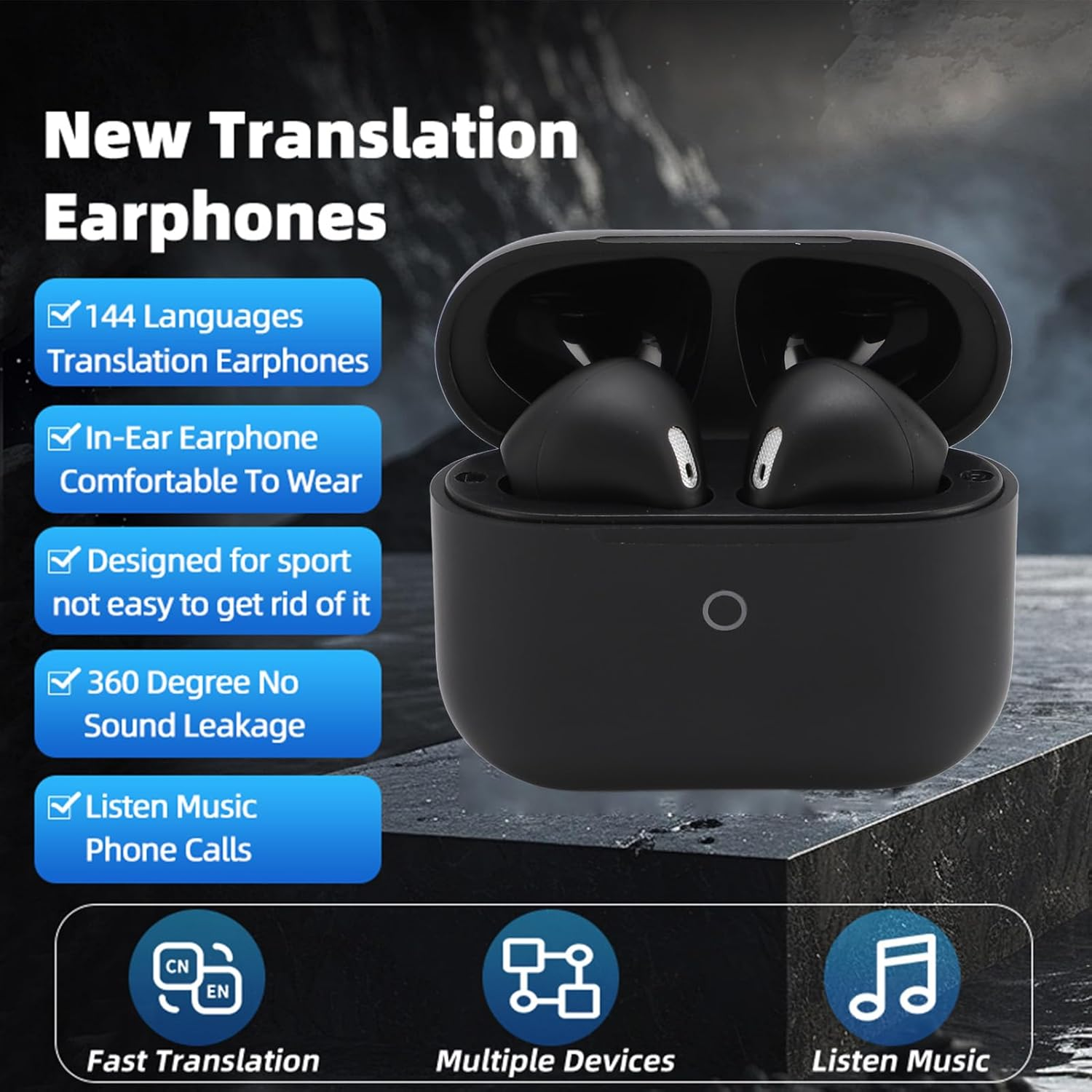 Language Translator Earbuds, 144-Language Real-Time Two-Way In-Ear Earbuds, Translating with App for Ios and Android image number 3