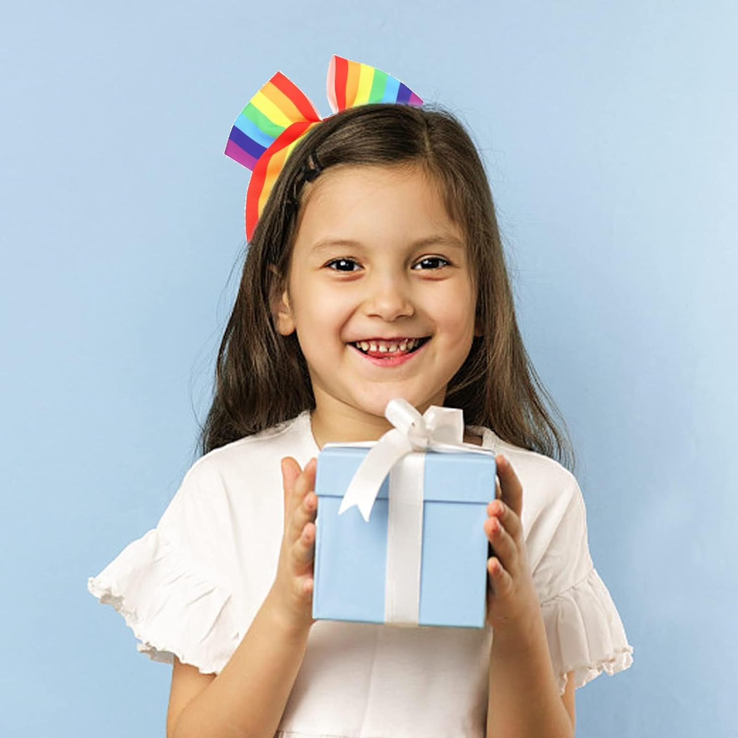 2 Pack Jumbo Rainbow Cheer Hair Bows - 8 Inch Ponytail Holders with Elastic Bands, Cheerleading Hair Accessories for Gay Pride Day image number 3