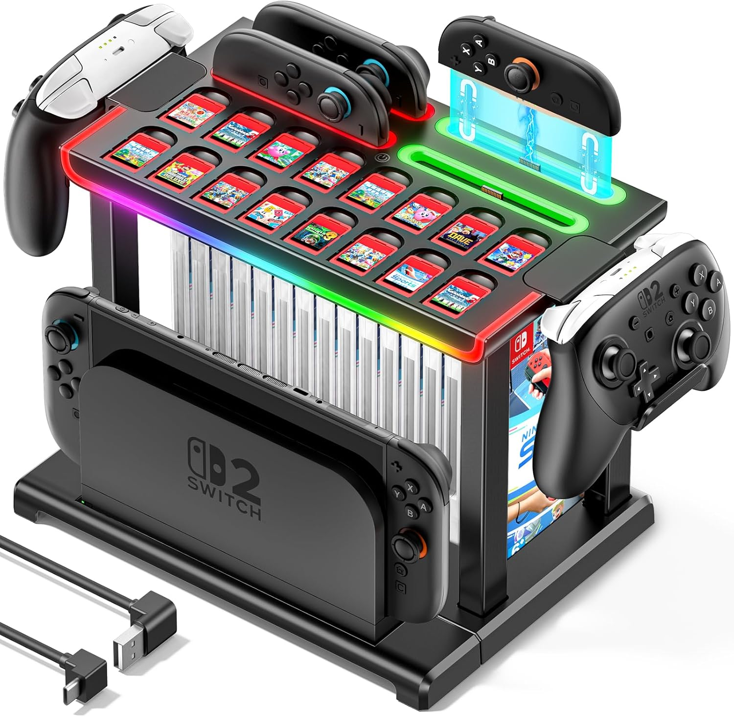 Switch 2 Organizer Station with Switch 2 Joycon Charger, 4 Charging Dock for Joycon 2, Storage Stand for 16 Switch Game Cards & 16 Game Cases, Pro Controllers & NS 2 TV Dock Organiser Accessories
