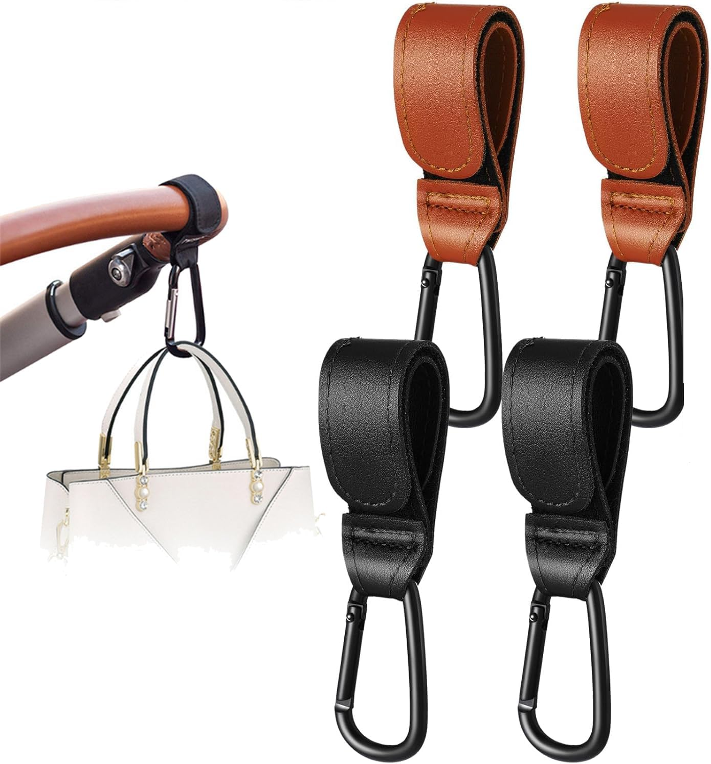 Leather Stroller Hooks Premium Buggy Clips with Carabiner Design Easy-Attach Pushchair Clips for Diaper Bags, Groceries and More Universal, Heavy-Duty, No-Slip Stroller Accessories image number 3