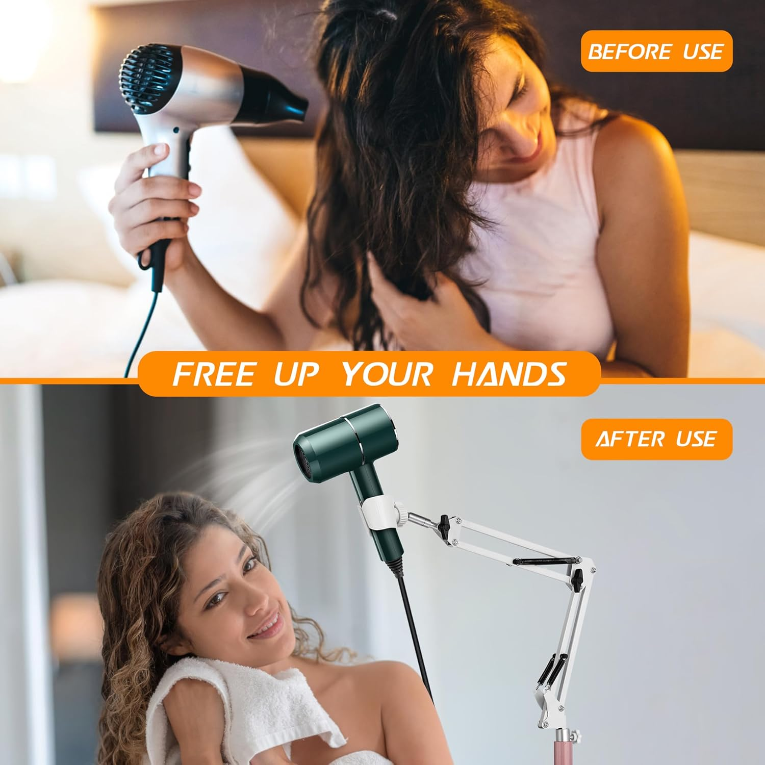 Hair Dryer Stand, 1.68M Height Adjustable, Hands Free Blow Dryer Holder with Heavy Base, 360 Degree Rotating, Work with 99% Dryers, Gift for Mom, Elder, Frozen Shoulder - White image number 5