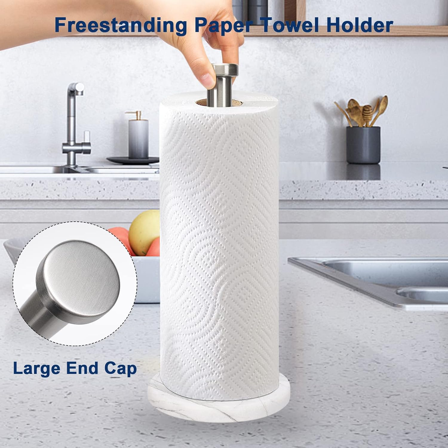 Nearmoon Standing Paper Towel Holder, Kitchen Paper Towel Tissue Holder- for Bathroom Kitchen Countertop, Standard or Jumbo-Sized Roll Paper (With Marble Base, Brushed Nickel) image number 4